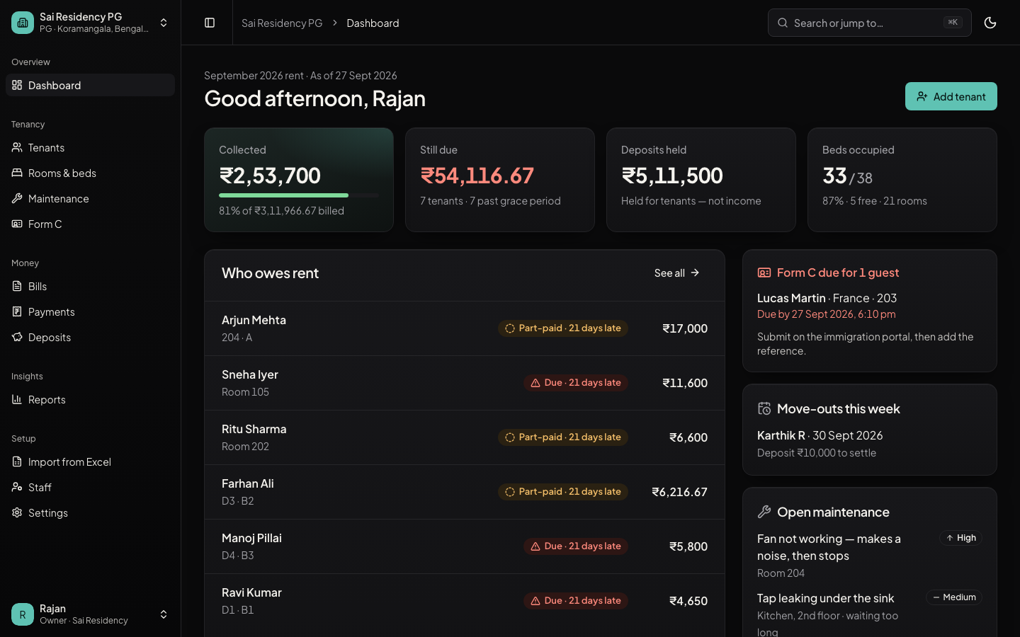 PG & Hostel Manager screenshot